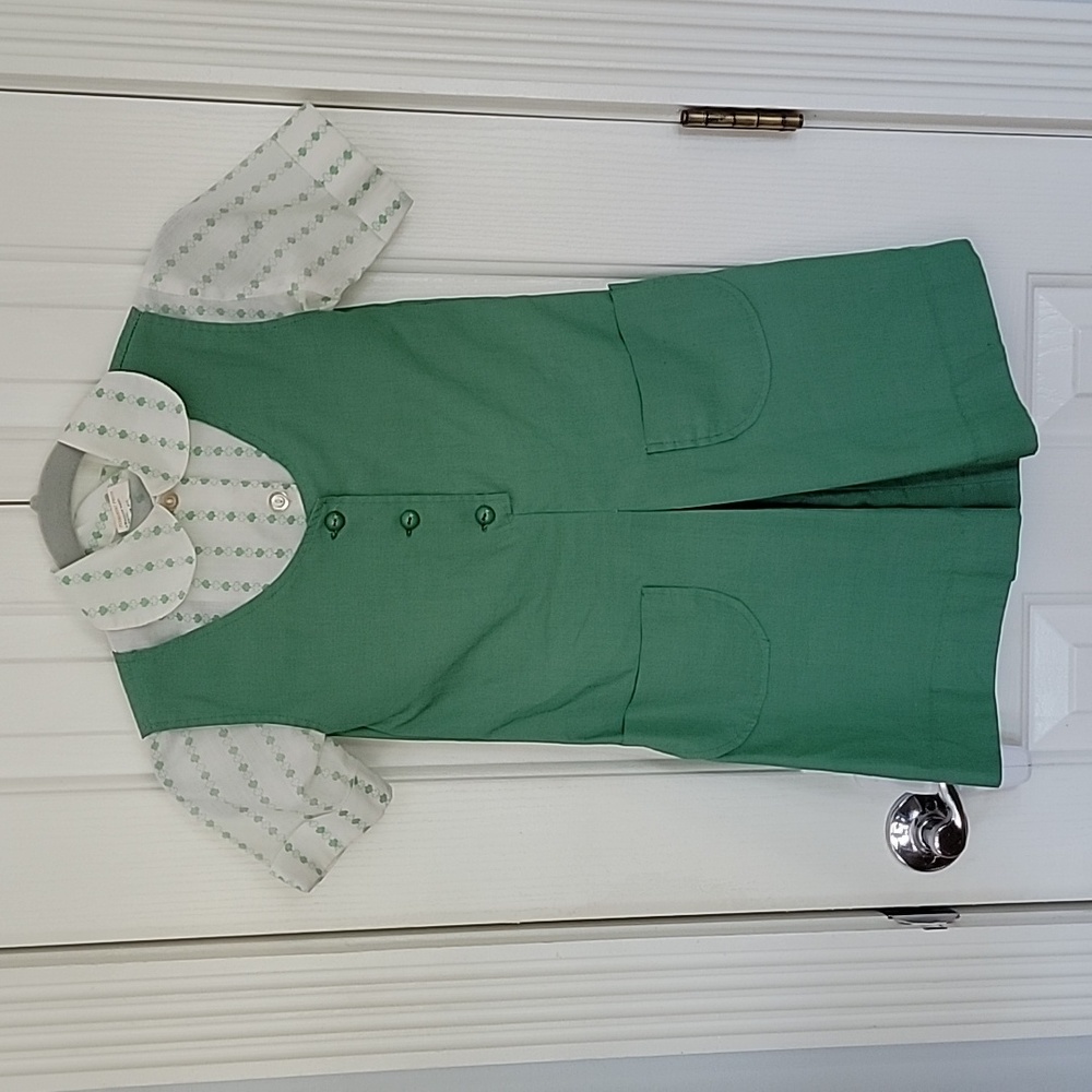 VINTAGE GIRL SCOUTS JUMPER DRESS SHIRT GREEN SIZE 7 8 GIRLS